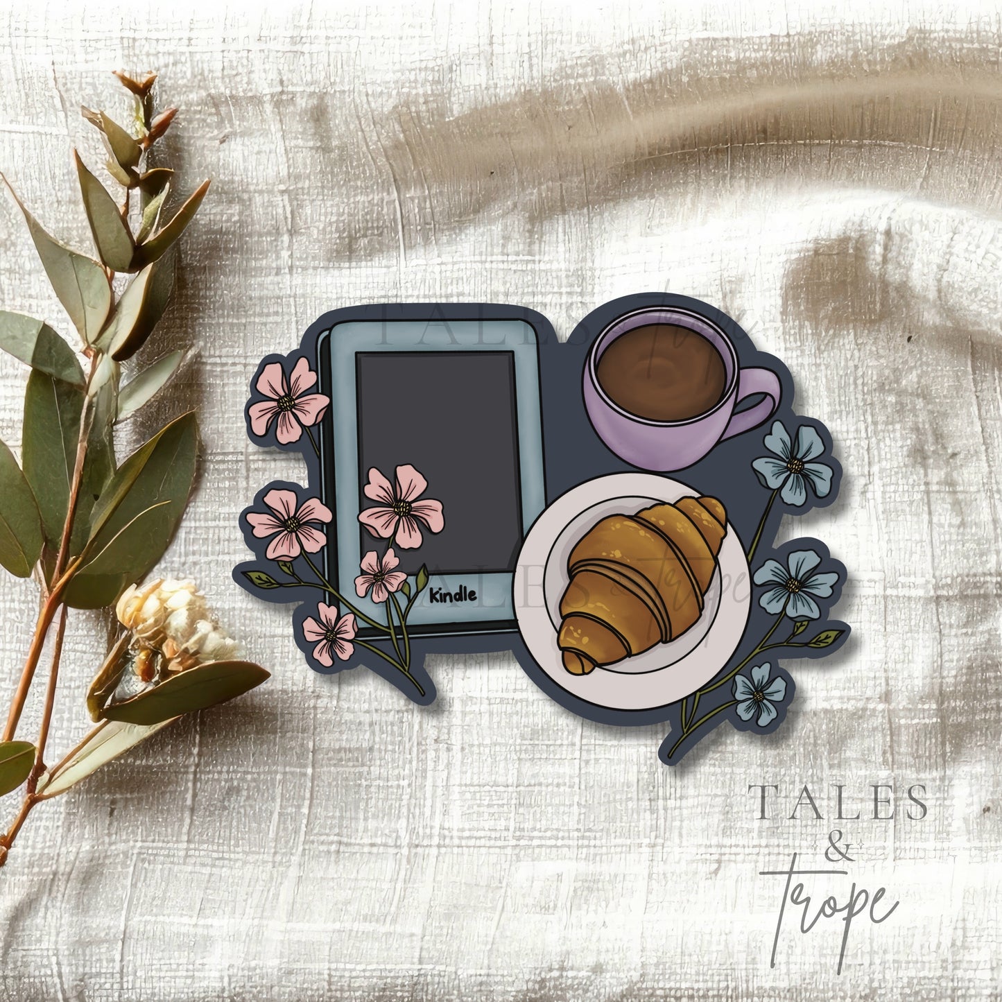 Kindle & a treat flatlay -Bookish Sticker