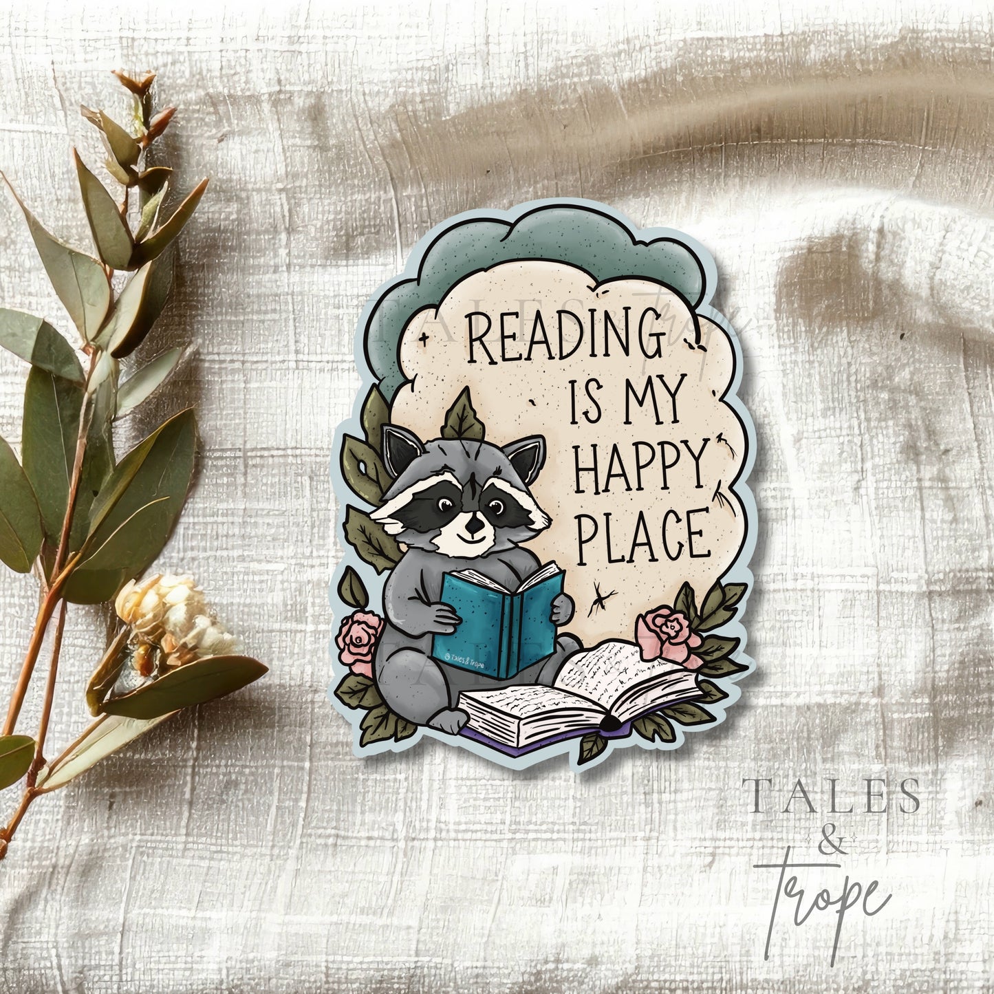 Reading is my happy place raccoon -Bookish Sticker