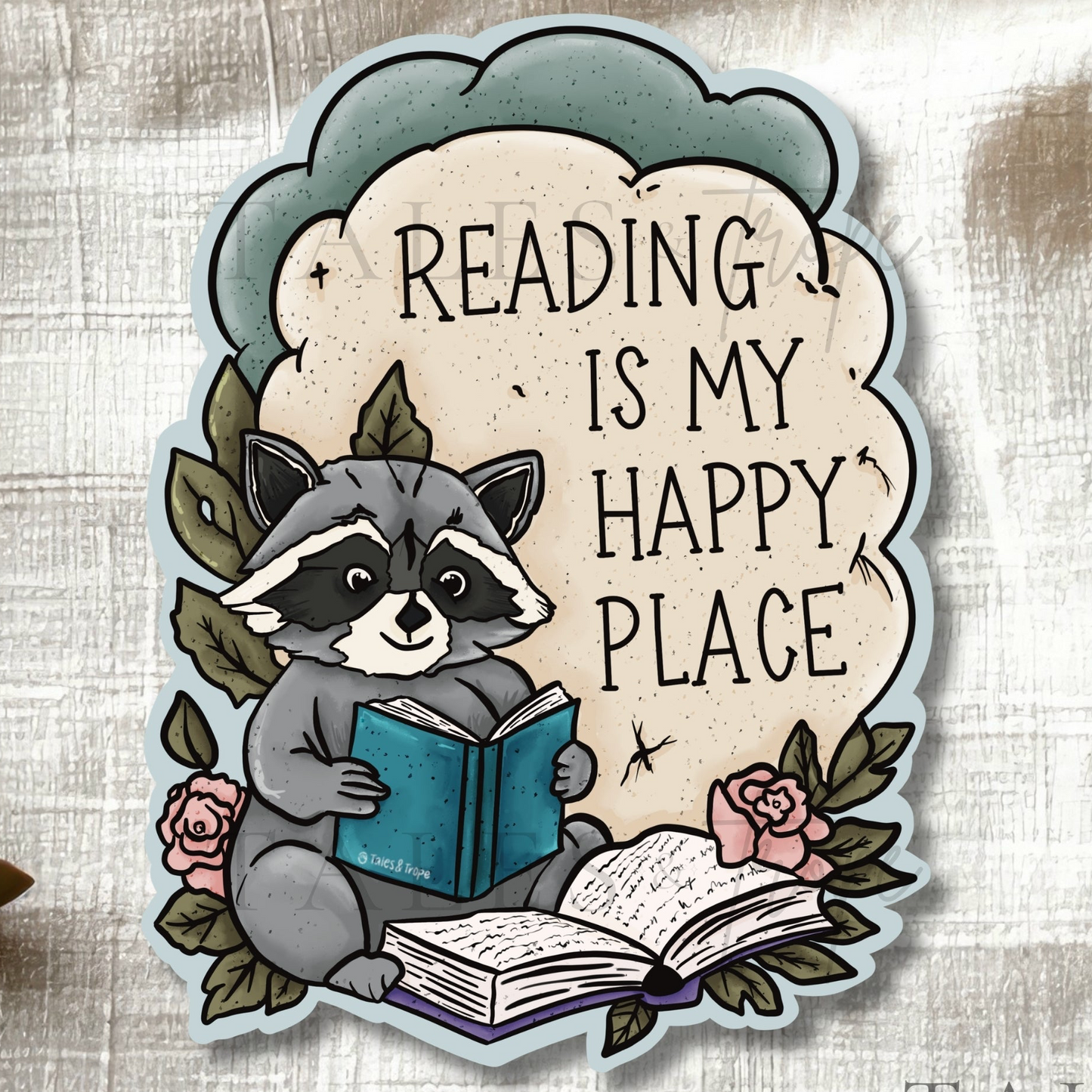 Reading is my happy place raccoon -Bookish Sticker