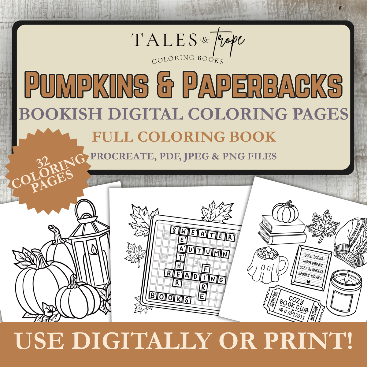 Digital coloring pages-Pumpkins & Paperbacks: FULL DIGITAL COLORING BOOK