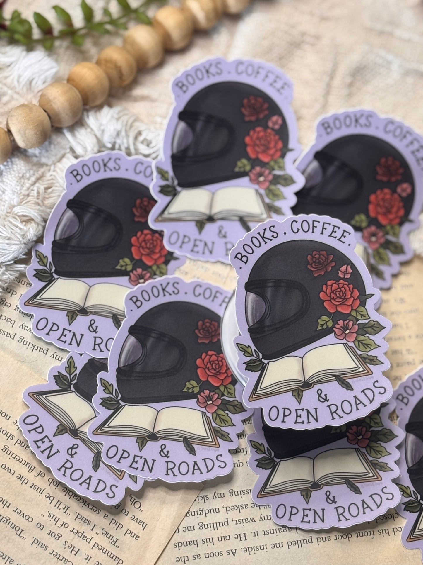 Books,Coffee & Open Roads-Book/Moto Sticker