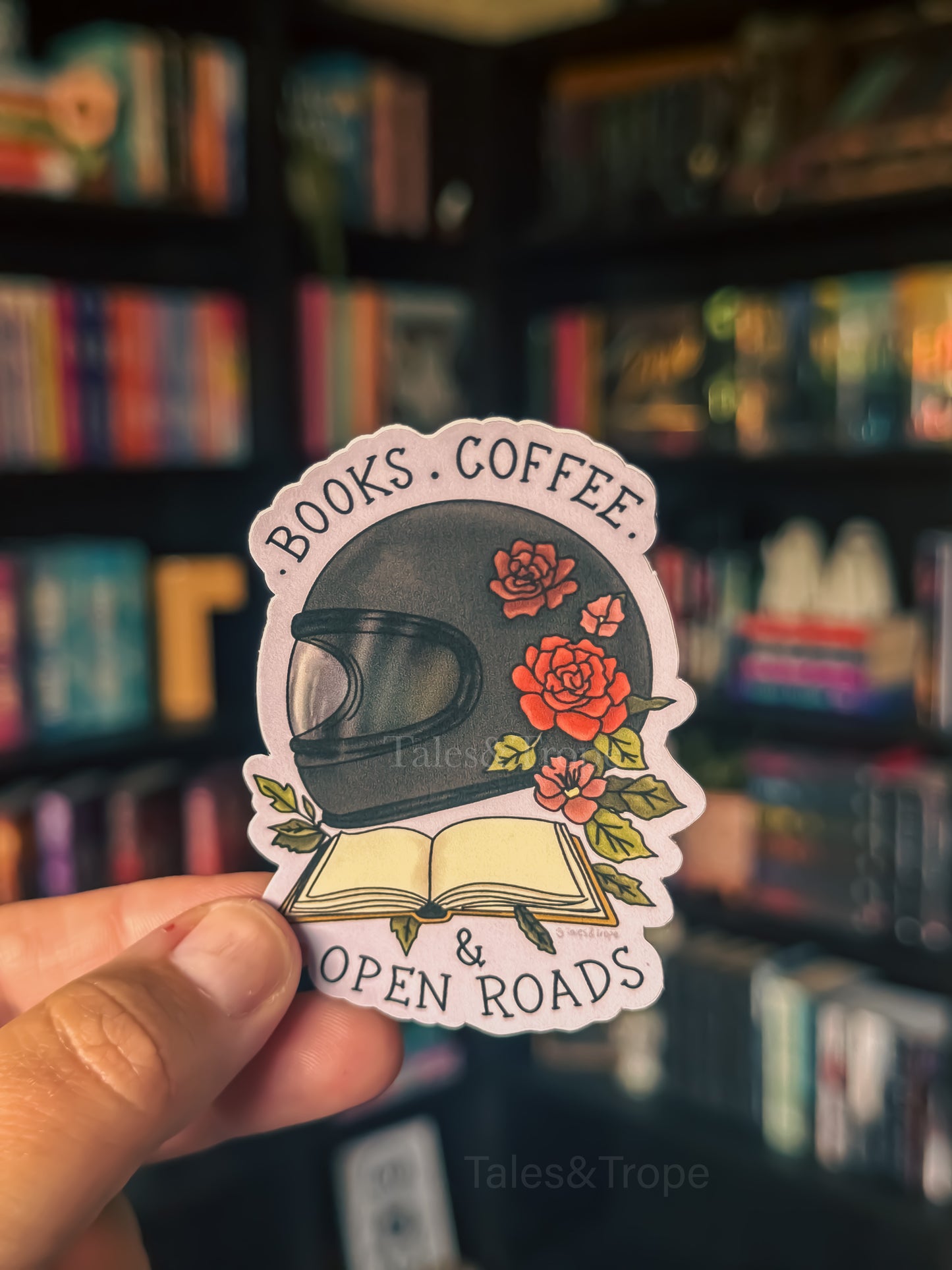 Books,Coffee & Open Roads-Book/Moto Sticker