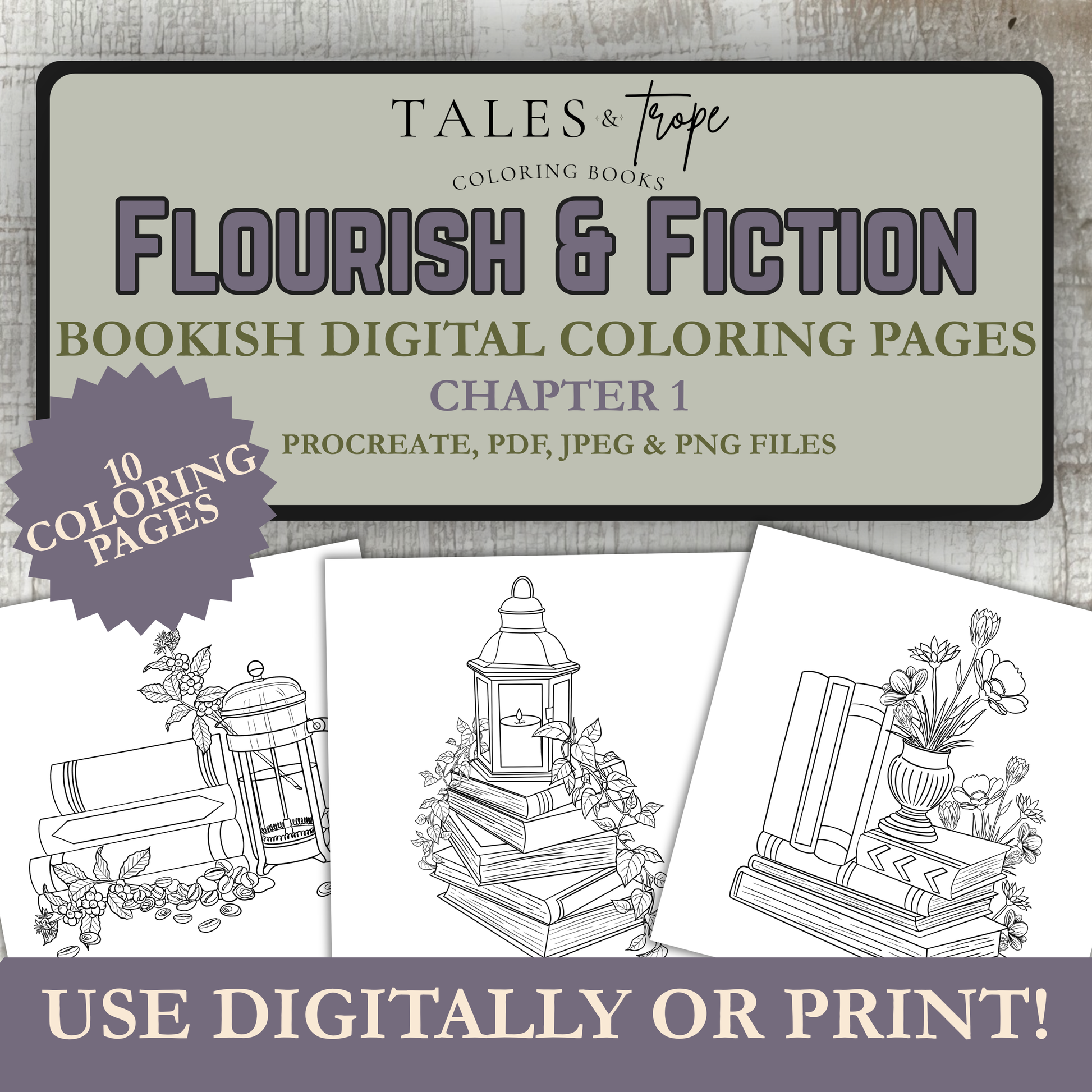Promotional cover graphic for a digital coloring book set titled 'Flourish & Fiction' by Tales & Tape. The design shows a large title banner, a purple badge reading '10 Coloring Pages,' and three black-and-white bookish line drawings on white pages below.