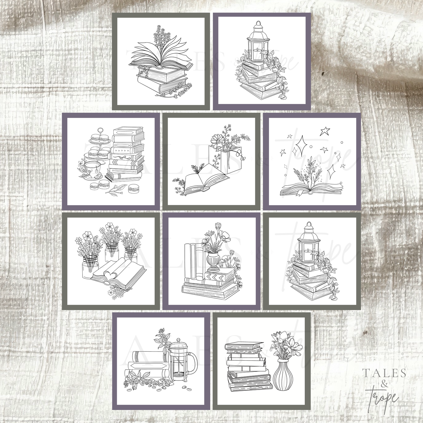 A set of ten square art prints arranged in a grid on a textured beige fabric background. Each print features black line art illustrations of book-themed scenes, including open books, stacked books, lanterns, flowers, and stars, framed by a dark gray border.