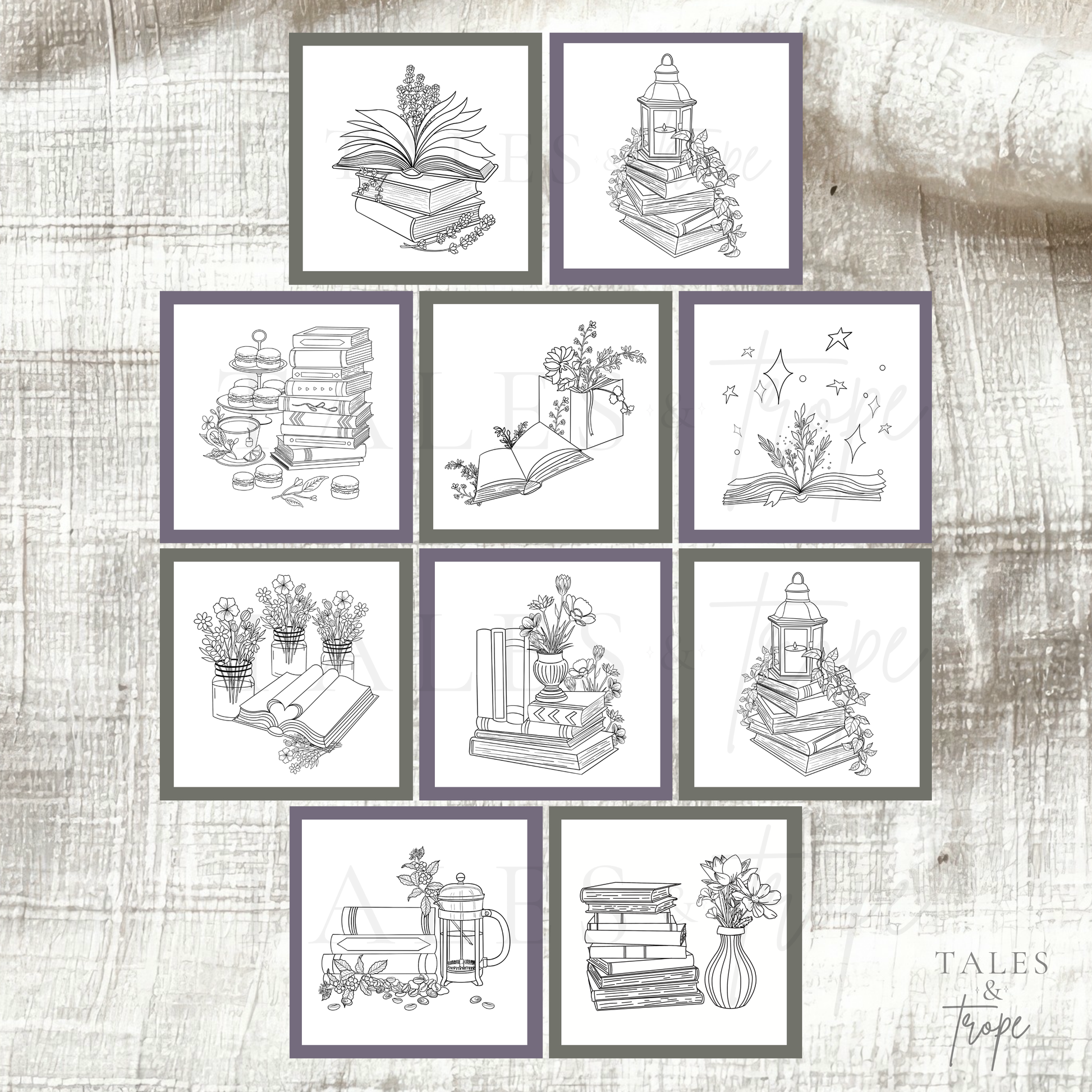 A set of ten square art prints arranged in a grid on a textured beige fabric background. Each print features black line art illustrations of book-themed scenes, including open books, stacked books, lanterns, flowers, and stars, framed by a dark gray border.